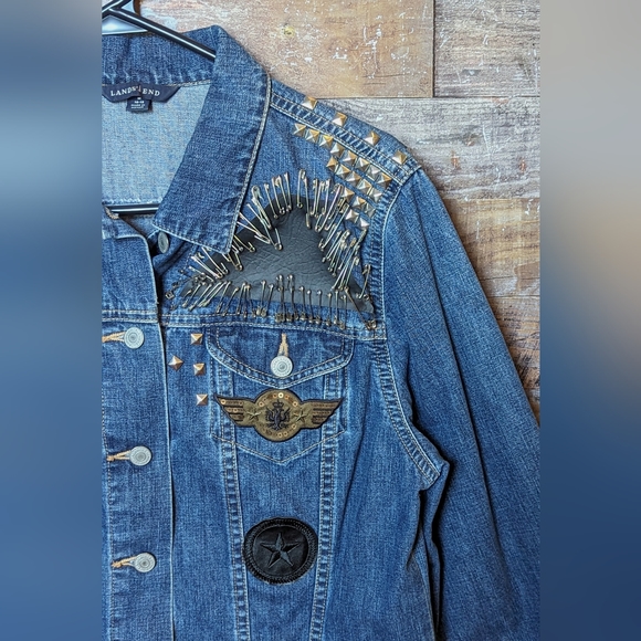 Upcycled Handcrafted Ton Of Detailed Bling Jean Jacket With Black Skull - Picture 6 of 16